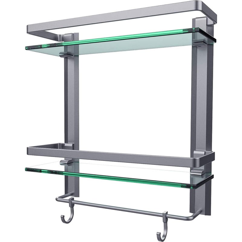 Vdomus Glass Bathroom Wall Organizer - 2-Tier Glass Shelf with Integrated Towel Bar - Wall Mounted Shower Storage - 15.2 by 5 inches - Brushed Silver Finish - Image 1